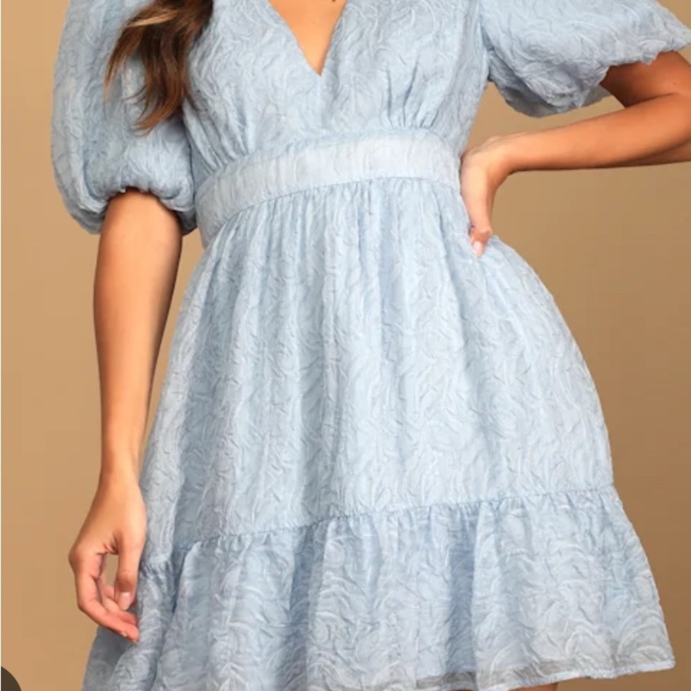 Lulus Romantic Waltz Light Blue Organza Puff Sleeve Mini Dress NWT Sz L​​ - Picture 2 of 11